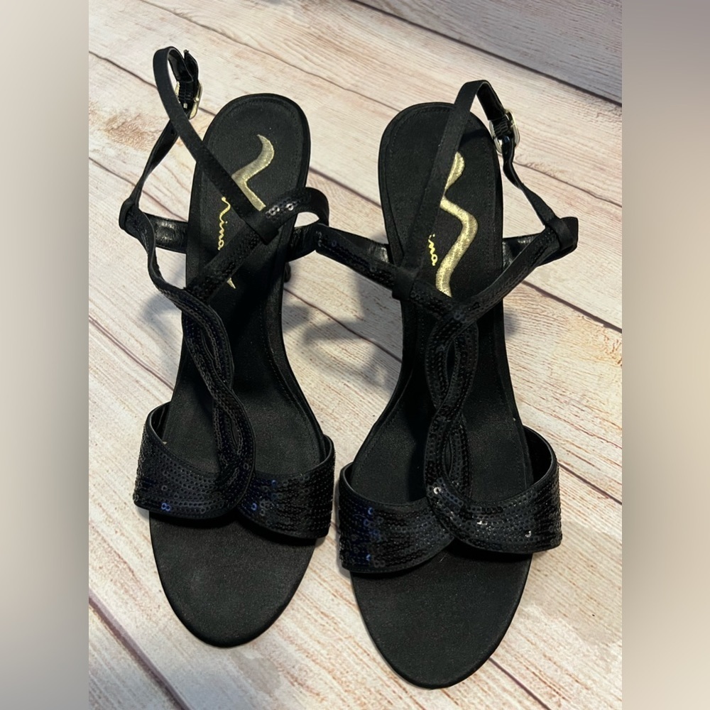 NINA Women's Black Satin Sequin Cocktail 3.5” Heels Size 10